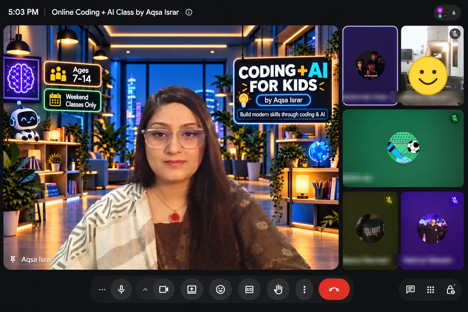 Aqsa Israr teaching a small-group online lesson, with an Ages 7–14 and Weekend Classes Only backdrop and students in video tiles
