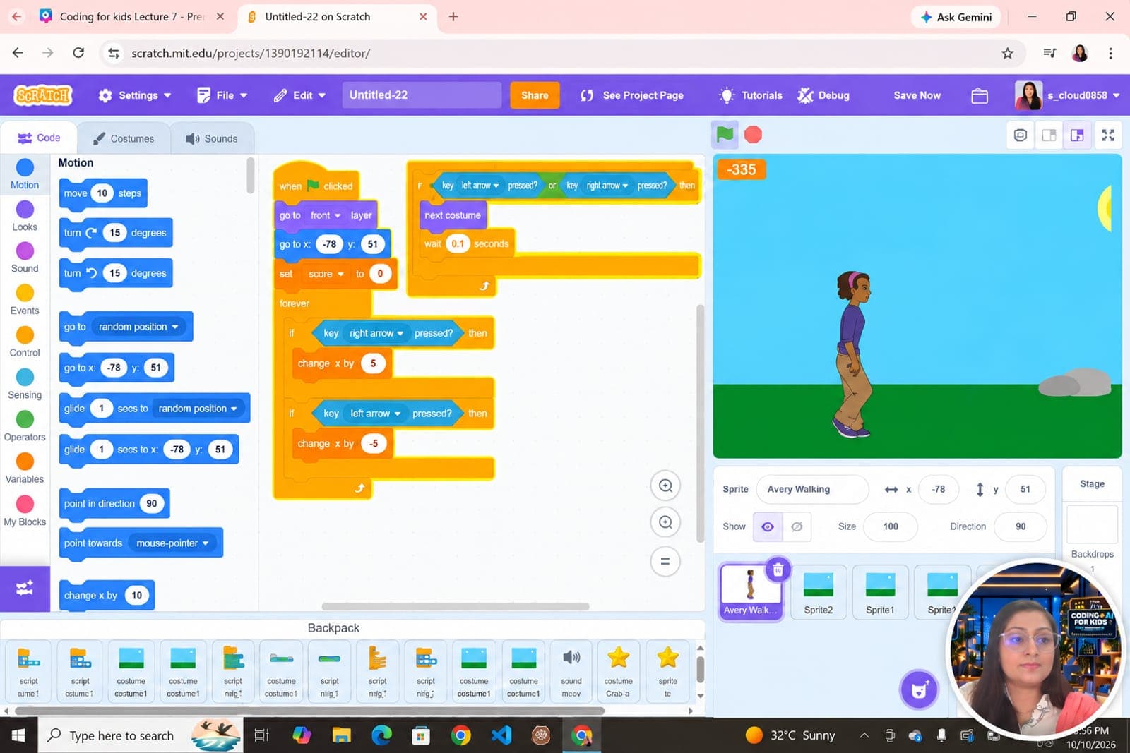 Scratch editor shared on screen with arrow-key movement code for a walking character, Aqsa Israr visible in a small camera bubble