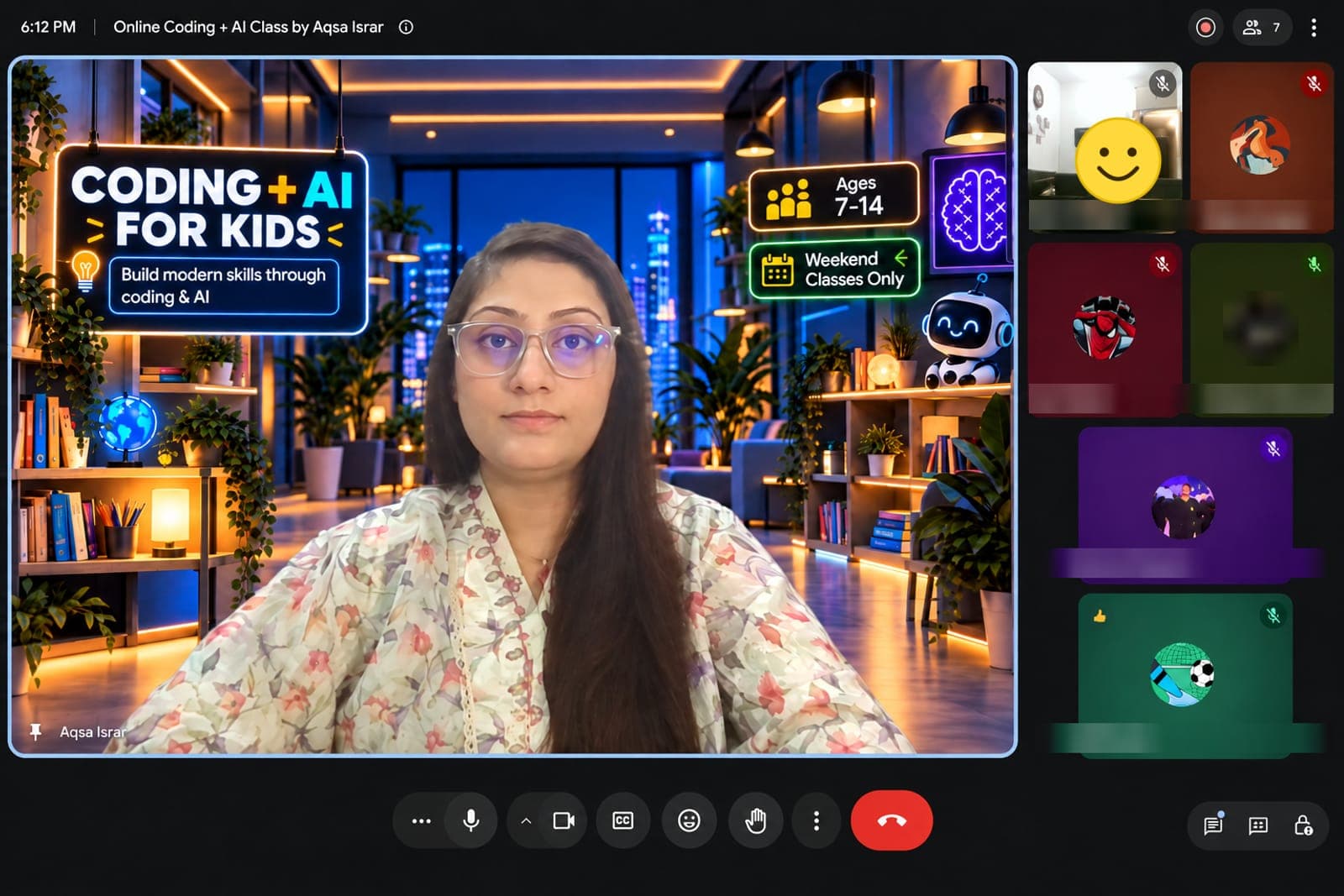 Aqsa Israr leading a weekend online class, with students' video tiles on the right
