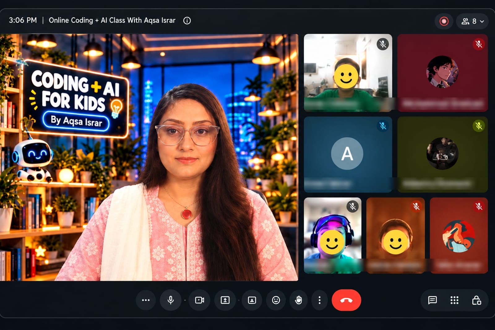 Aqsa Israr on a live video class with a Coding + AI for Kids backdrop, students in video tiles beside her with names and faces hidden