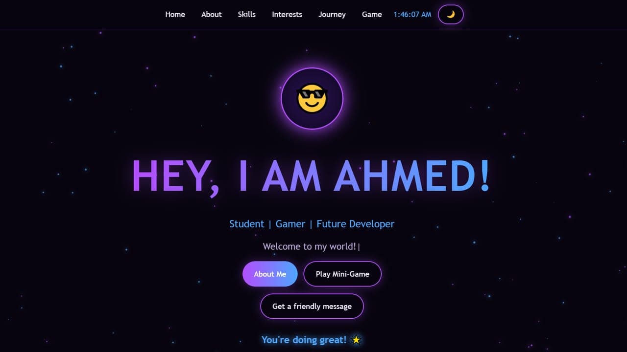 Screenshot of Ahmed's personal website, with the heading “Hey, I am Ahmed!”